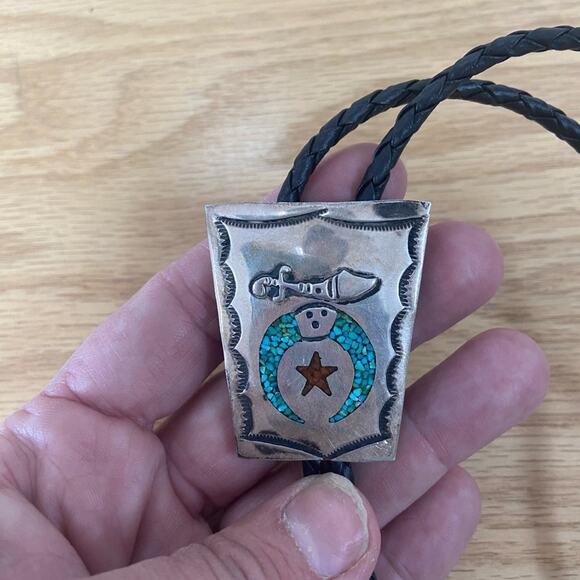 Vintage Navajo Sterling Silver Shriner Turquoise Inlay Bolo Tie - Picture 2 of 6